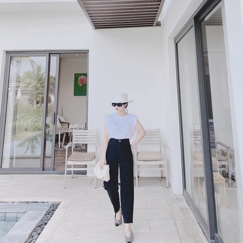 Quần bò baggy đen trơn cạp cao chất siêu đẹp đủ sz SML