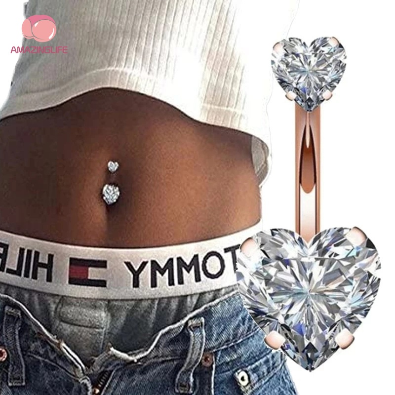 [Amazinglife] Khuyên Rốn Đính Đá Zircon Hình Trái Tim Bằng Thép Không Gỉ Đơn Giản Thời Trang