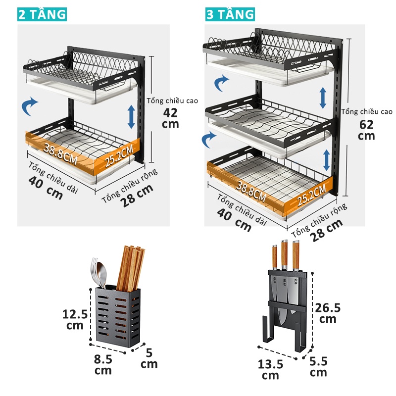 GSlife Kệ Để Chén Bát Đĩa Treo Tường Đa Năng - Thép Carbon Cao Cấp Màu Đen ,Không Cần Lắp Đặt Khoan