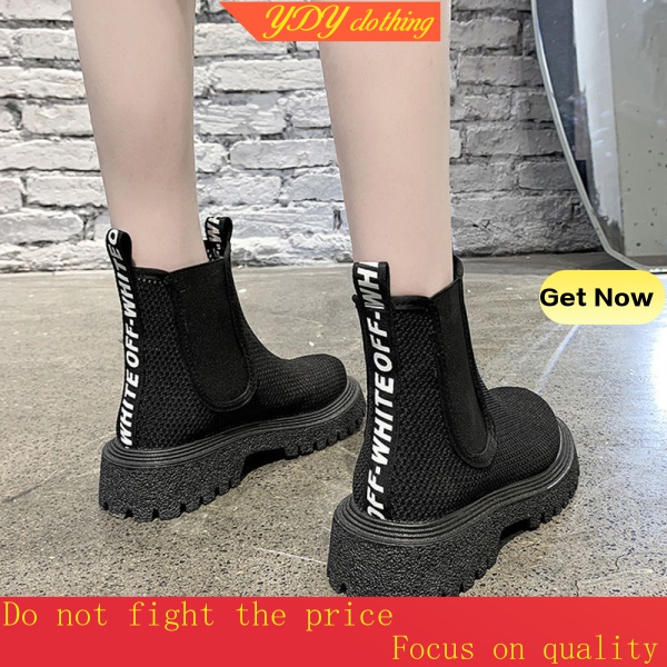 DR. MARTENS CHELSEA Giày Bốt Cao Gót Cổ Thấp Đế Thô Đục Lỗ Kiểu Hàn Quốc Dễ Phối Đồ Cho Nữ