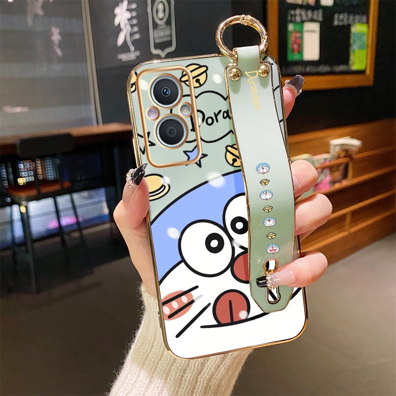 Ốp Điện Thoại Hình Mèo Doraemon Mạ Điện Chống Sốc Phối Dây Đeo Tay Cho OPPO Reno 7z 5G A96
