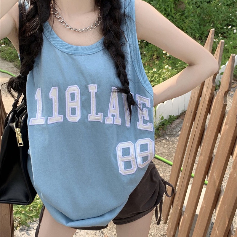 Áo thun ba lỗ SUXI dáng rộng in chữ đơn giản phong cách thể thao thời trang mùa hè cho nữ