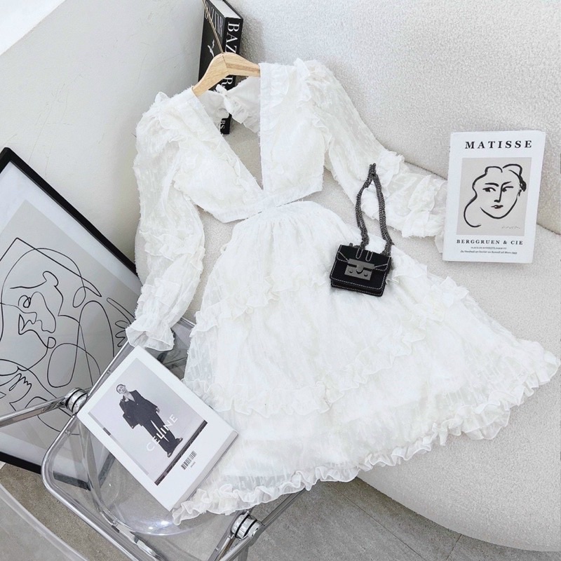 ĐẦM HOA CỔ V PHỐI BÈO CUTOUT EO - KÈM VIDEO