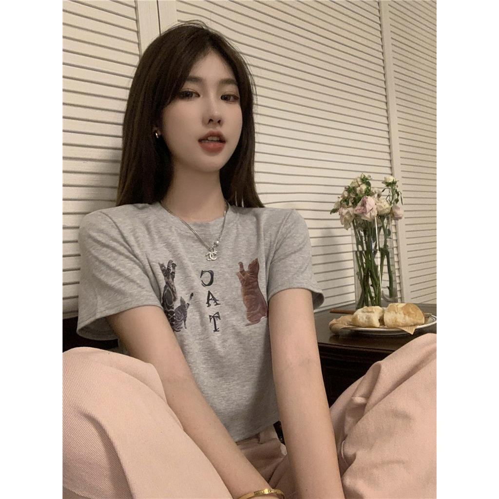 Áo Thun Ngắn Tay In Hình Mèo Phong Cách Retro Cá Tính 63402