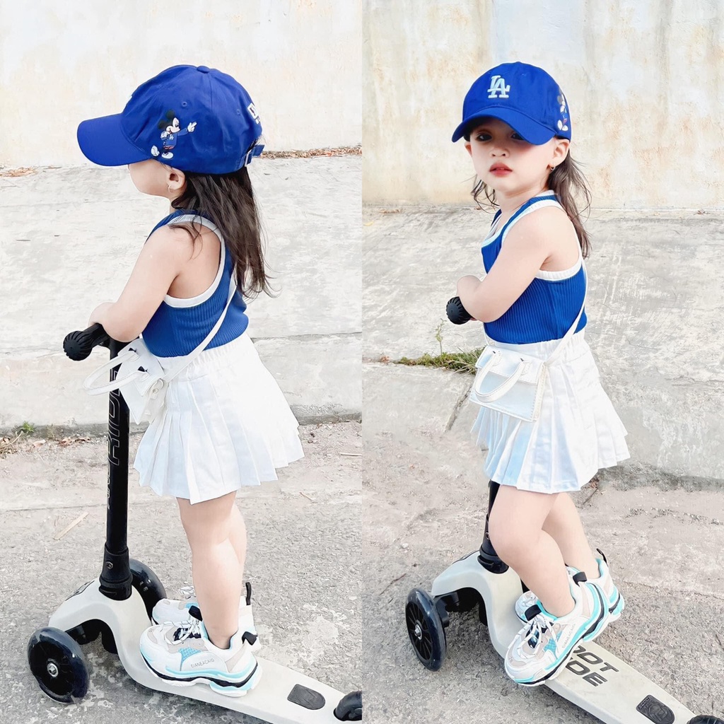 Sét váy xếp ly kèm áo ba lỗ cho bé gái, set áo tăm lạnh 3 lỗ kèm chân váy trắng xếp ly ( quần lót trong) cho bé