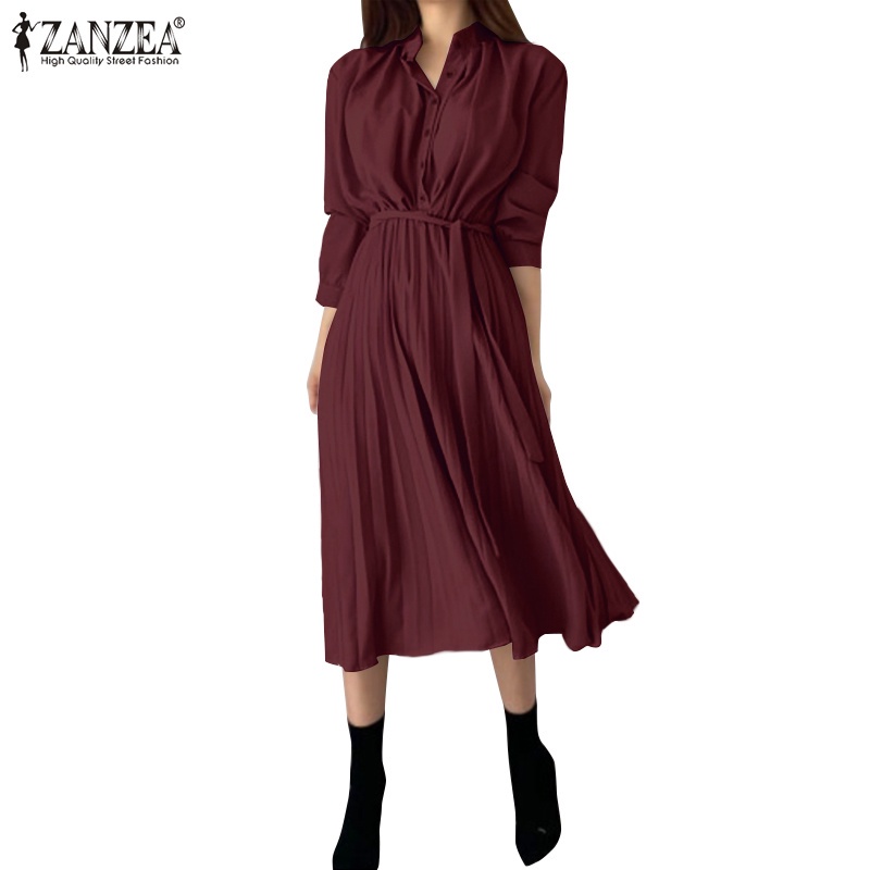 Đầm ZANZEA tay dài xếp ly lưng cao thanh lịch phong cách Hàn Quốc thường ngày dành cho bạn nữ