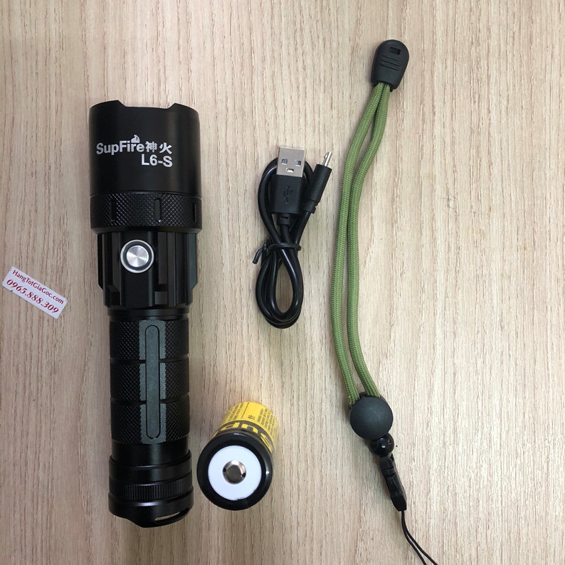 Đèn pin Supfire L6-S, bóng 10w siêu sáng, Pin to cực khỏe, kiêm sạc dự phòng – (mã DP38)