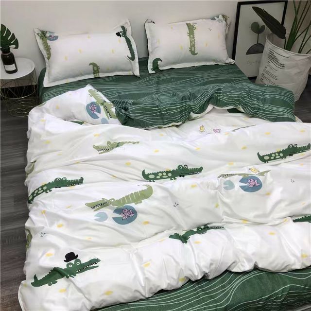 Cotton Poly Bộ Chăn Ga Gối Cá Sấu Xanh