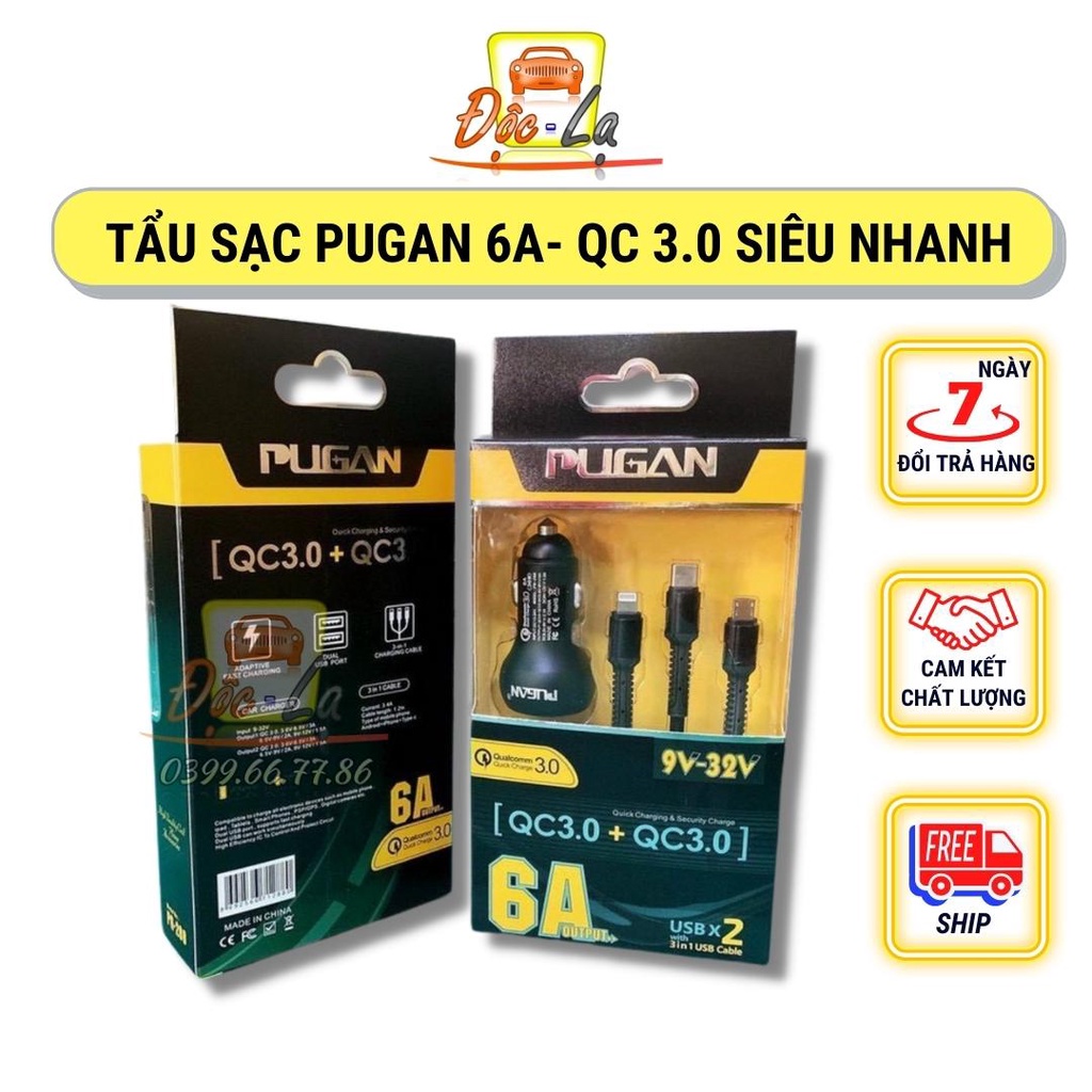 [Chính hãng Pugan} Tẩu sạc, dây sạc 3 đầu 6A, sạc nhanh điện thoại và thiết bị điện tử, bộ sạc 3 trong 1 cao cấp