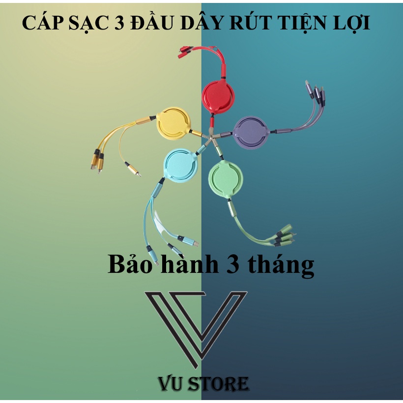 Cáp sạc 3 đầu 😍😍 3in1 có thể kéo dài rút ngắn dễ dàng, 1 dây 3 đầu sạc Micro, Type-C, Lightning 5.0