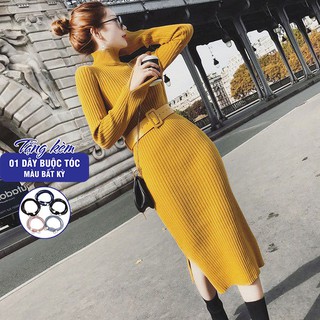 Váy len cổ lọ dáng body váy len dài xẻ tà Chất len đẹp không nhão xù