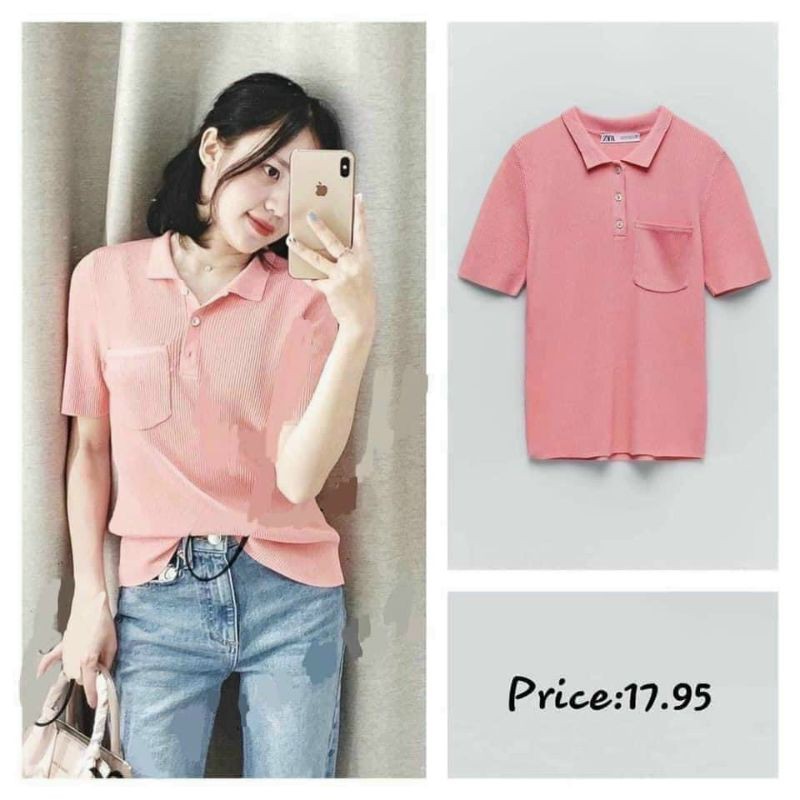 Áo thun polo Stradivarius xuất Âu xịn cotton gân tăm có cổ tay ngắn màu hồng nude