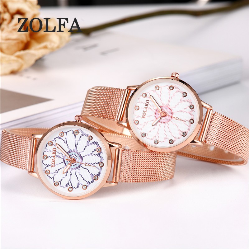 ZOLFA Elegant Rhinestone Rose Gold Mesh Belt Ladies Watch Round Ultra-Thin Quartz Womens Watch Analog Clocks Lady Dress Watches Đồng hồ nữ