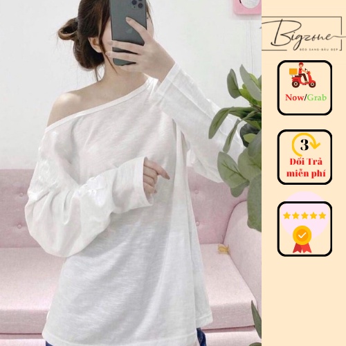 [Mã 11FASHIONSALE1 giảm 10K đơn 50K] Áo Thun Lệch Vai Dài tay Nữ Bigsize trắng đen mùa thu đông Bigzone