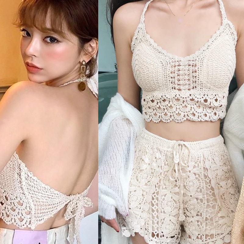 Brroa Áo Ngực Crop Top Đan Móc Viền Con Sò Rỗng Thời Trang Đi Biển Cho Nữ