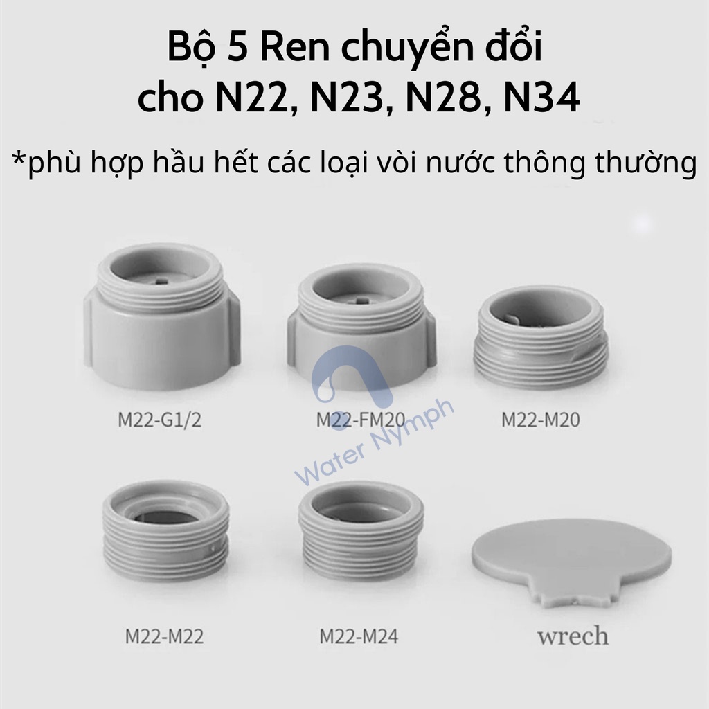 Đầu vòi nước xoay 360 - 720 độ, tăng áp, hai chế độ phun nước tiện ích Waternymph (tặng kèm (bộ) ren chuyển đổi)