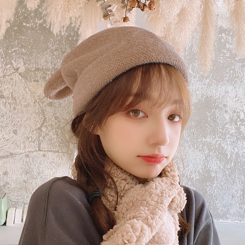 Mũ Beret Màu Trơn Đính Tai Thỏ Dễ Thương Phong Cách Hàn Quốc
