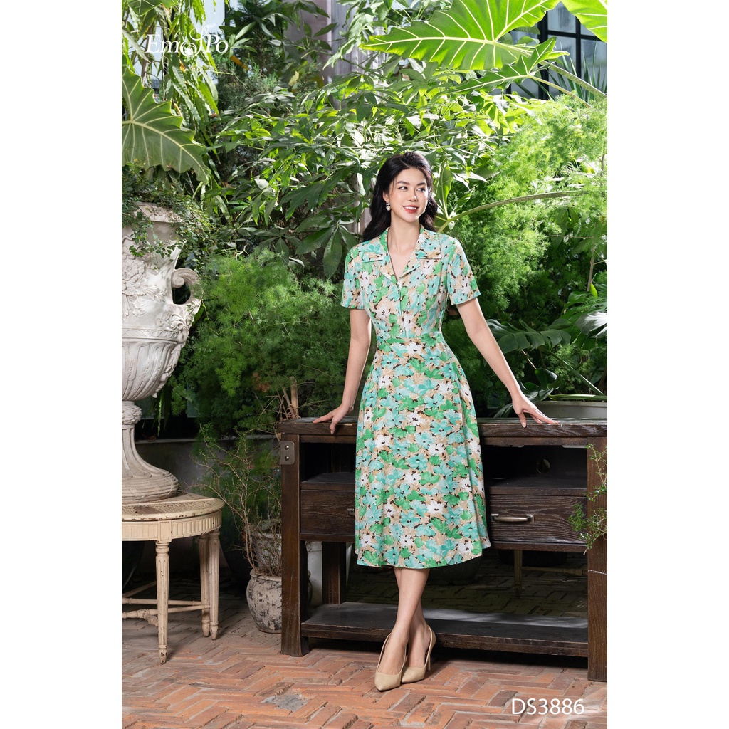 Đầm hoa xòe cổ bẻ, tà bong chân váy Emspo DS3886 (Xanh, Xanh lá)