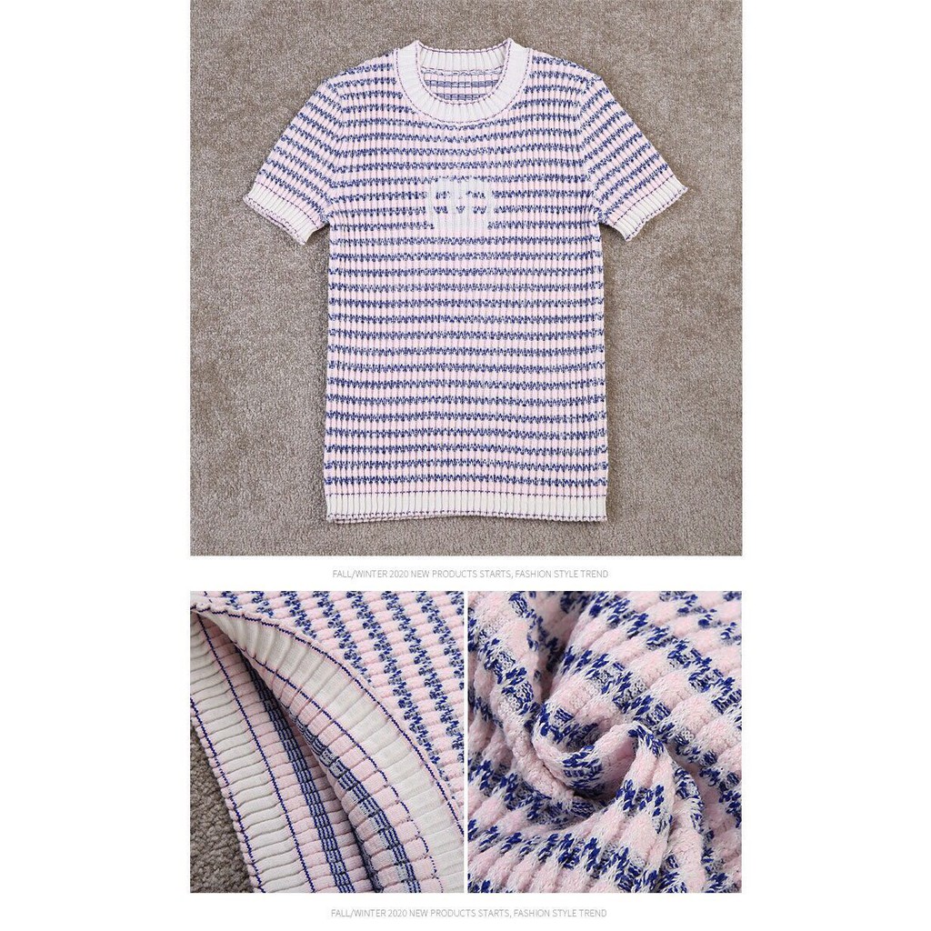 Freezia retro women knit stripe short sleeve T shirt wool clothing top