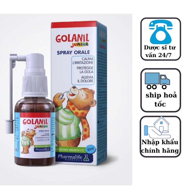 Xịt họng Golanil junior, giảm nhanh triệu chứng ho, nóng rát họng