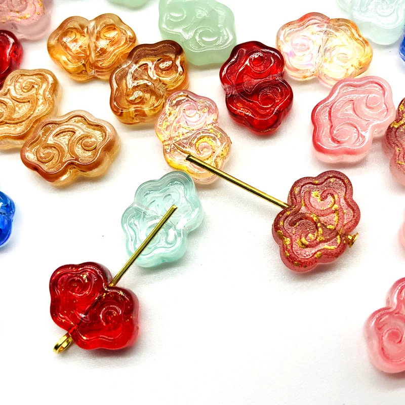 (5 cái)Phiến họa tiết mây thủy tinh 9*13mm, Nguyên liệu làm trang sức cổ trang, Nguyên liệu diy