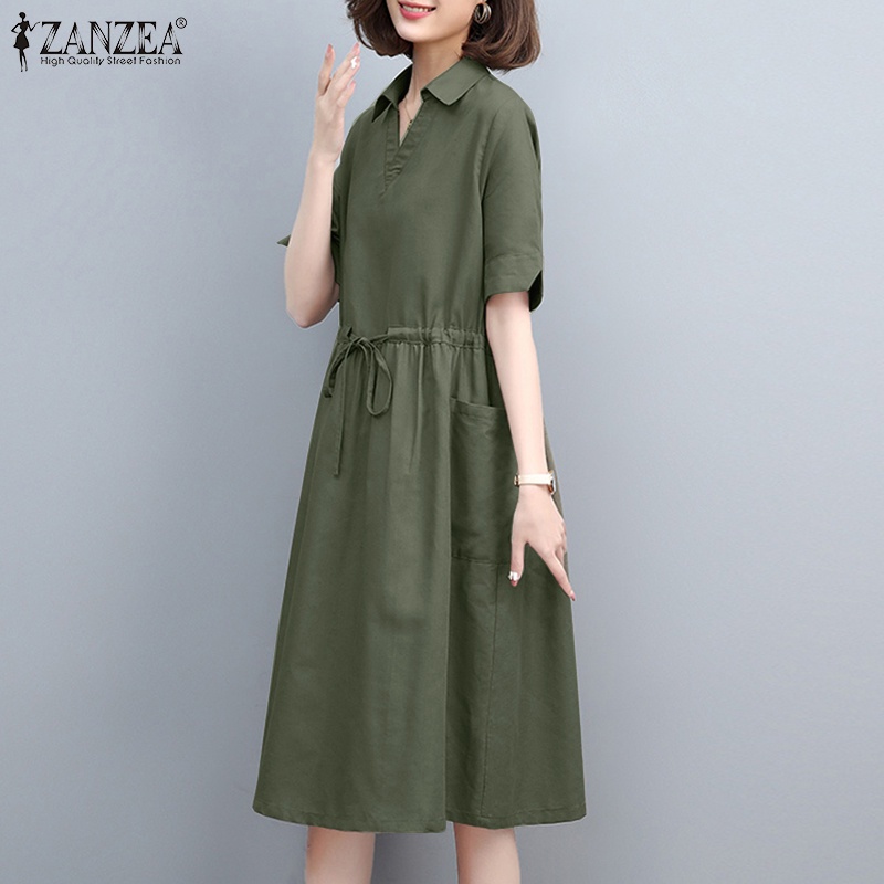 Đầm midi Zanzea tay ngắn cổ chữ v rút dây thời trang cho nữ