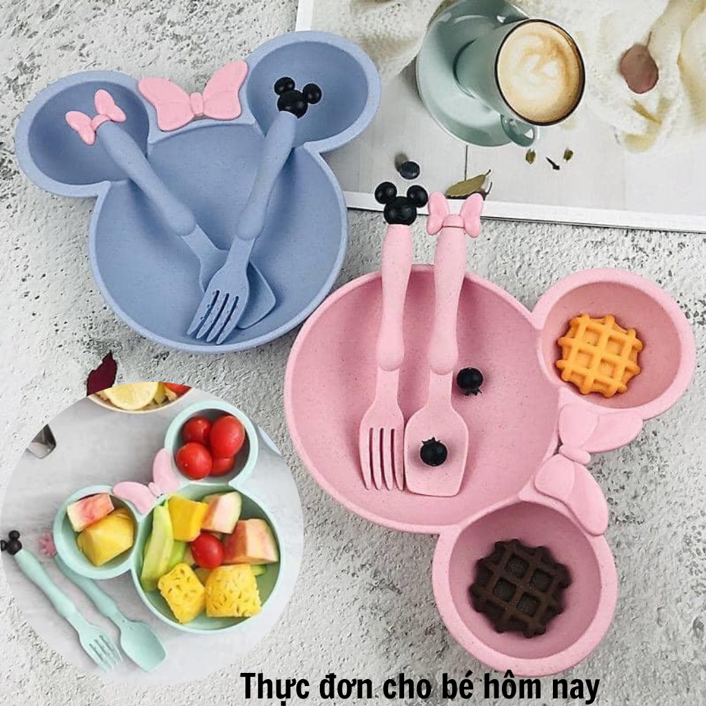 Khay ăn dặm cho bé kèm thìa dĩa chất liệu lúa mạch hình Micky dễ thương, Khay ăn dặm nhựa lúa mạch cho bé có chia 3 ngăn