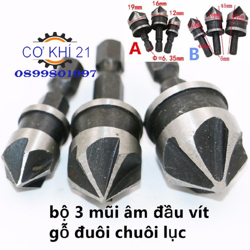 Bộ 3 mũi âm đầu vít gỗ , khoét lỗ chuôi lục giác Ø 12 , Ø 16 , Ø 19