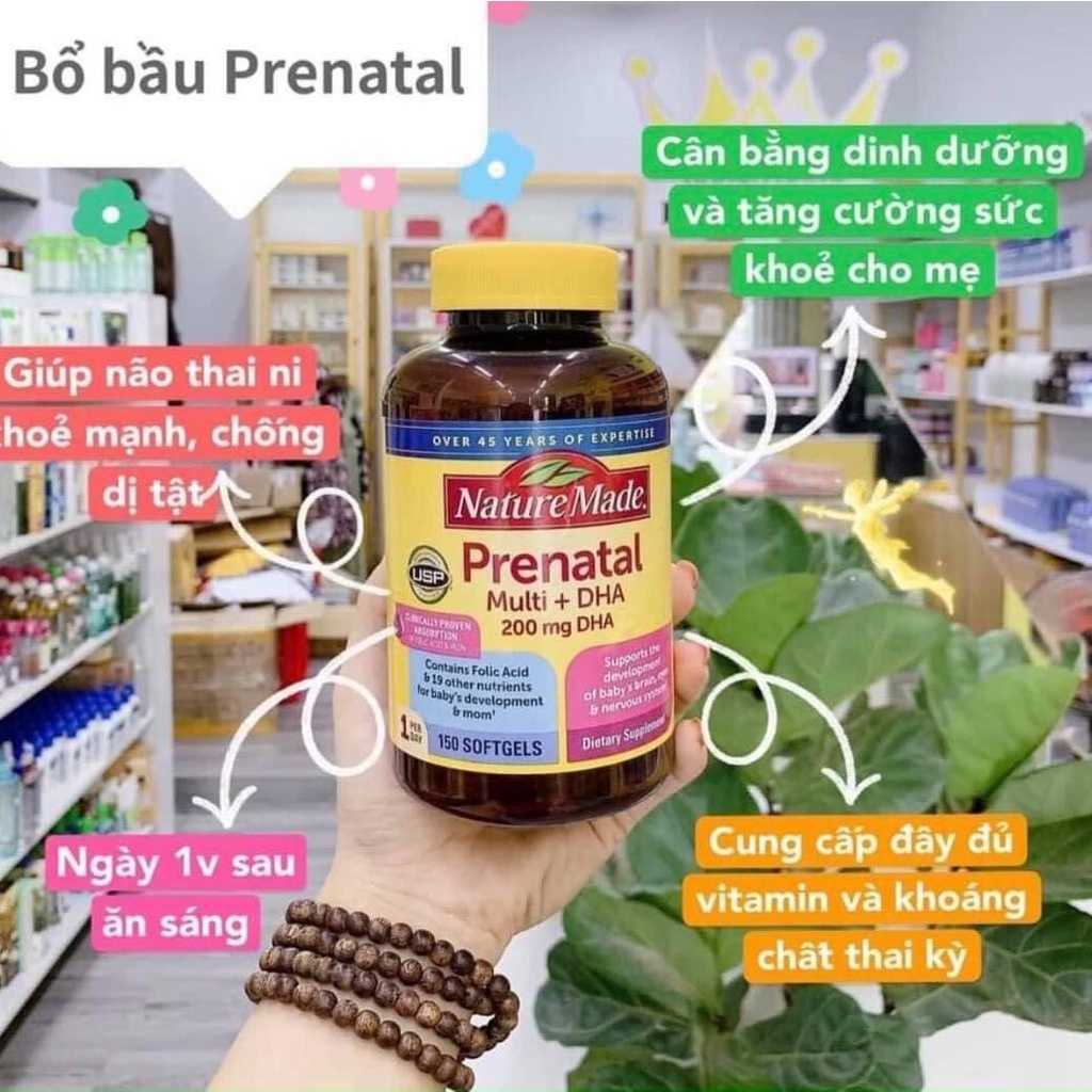 Viên Uống Nature Made Prenatal Multivitamin+DHA 200mg DHA 150 Viên Bổ Sung Vitamin Cho Bà Bầu