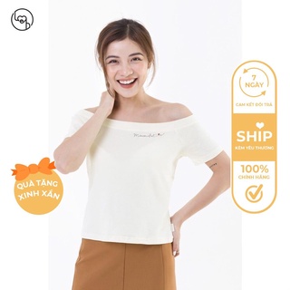 Áo thun nữ trễ vai in chữ Vientran by LEH V61B20H003