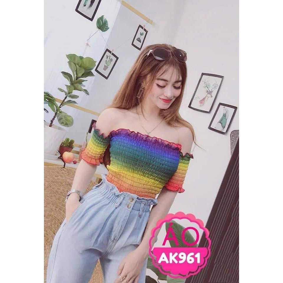 [HÌNH THẬT] ÁO THUN CROPTOP ÔM BODY NGẮN CO GIÃN - ÁO KIỂU CRT ULZANG NGẮN TAY BẸT TRỄ VAI CẦU VỒNG RAINBOW 98