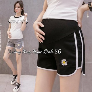 Quần sooc bầu thêu hoa cúc - Quần đùi bầu cotton mềm mại đỡ bụng có chun chỉnh cho mẹ bầu mặc nhà mùa hè HOACUC01