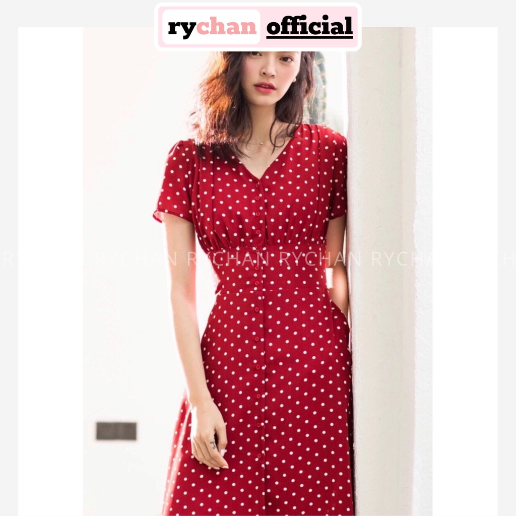 Đầm Maxi Chấm Bi Đỏ Cổ Tim Sơ Mi Tay Ngắn - DM491