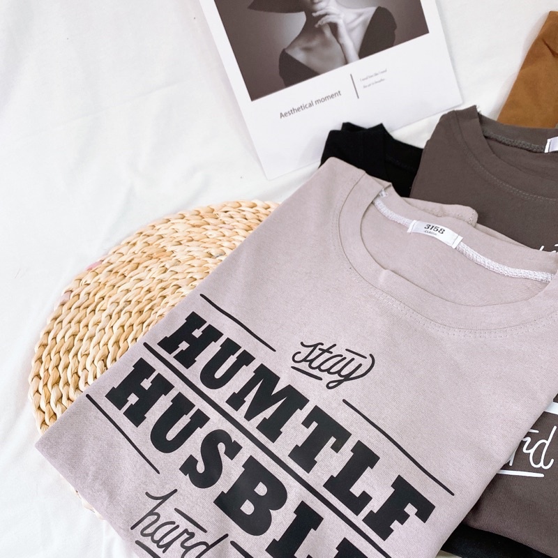 Áo phông 3158, áo thun tay lỡ form rộng chất cotton in chữ Hum