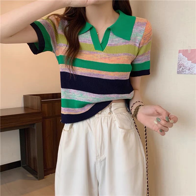 Áo thun polo dệt kim nữ tay ngắn kiểu kẻ sọc phối màu hàng thiết kế Quảng Châu cao cấp