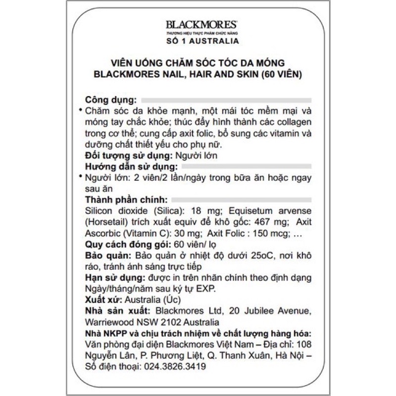 Viên uống đẹp da, móng, tóc - Blackmores Nails, Hair &amp; Skin lọ 60 viên