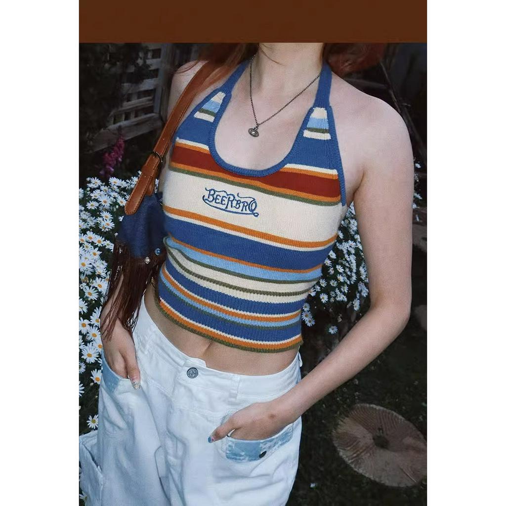 Fine Studio Áo Không Tay Cổ Yếm Kẻ Sọc Nhiều Màu Sắc Phong Cách Sang Trọng Mỹ Thích Hợp Đi Nghỉ Mát Mùa Hè