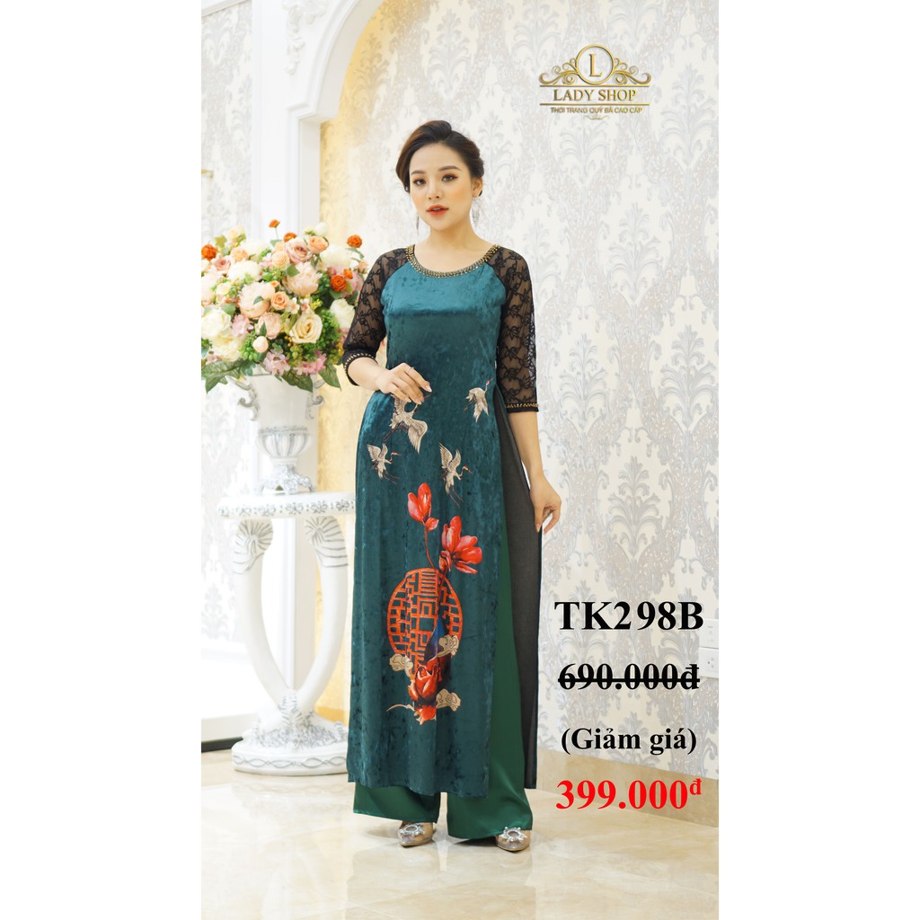 Áo dài trung niên thời trang quý bà cao cấp - Ladyshop - Áo dài đen tay ren chim hạc bay Tk298