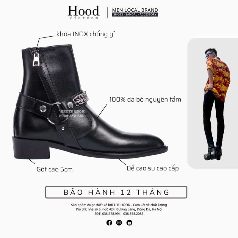 Giày Harness Boot đai xích - Da trơn nguyên tấm - Đế cao su đuc nguyên khối + Bảo hành 12 tháng hood hoodvn