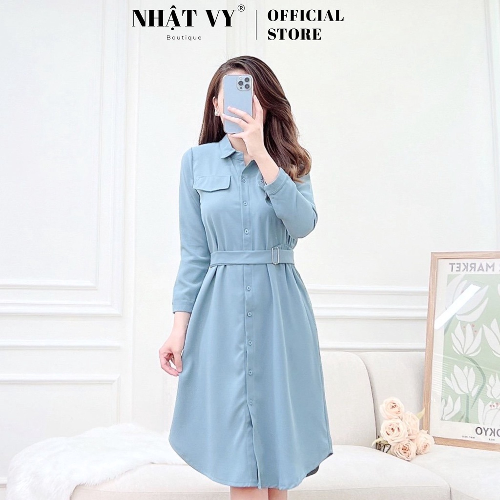 Đầm sơ mi công sở Nhật Vy tay dài nhún eo kèm dây belt chất thun phù hợp đi chơi dạo phố sang chảnh - D2473