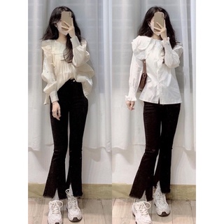 Quần bò nữ ống loe trơn xẻ gấu tôn dáng