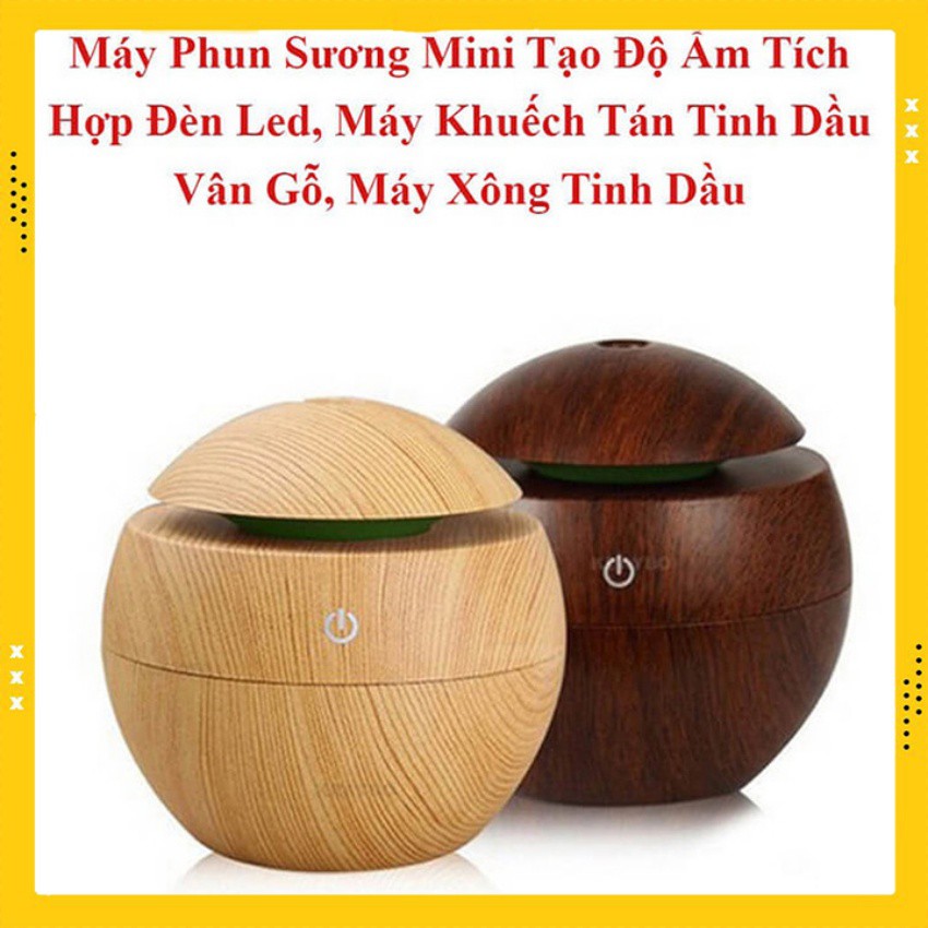 Máy khuyếch tán tinh dầu hình tròn vân gỗ, phun sương tạo ẩm mini