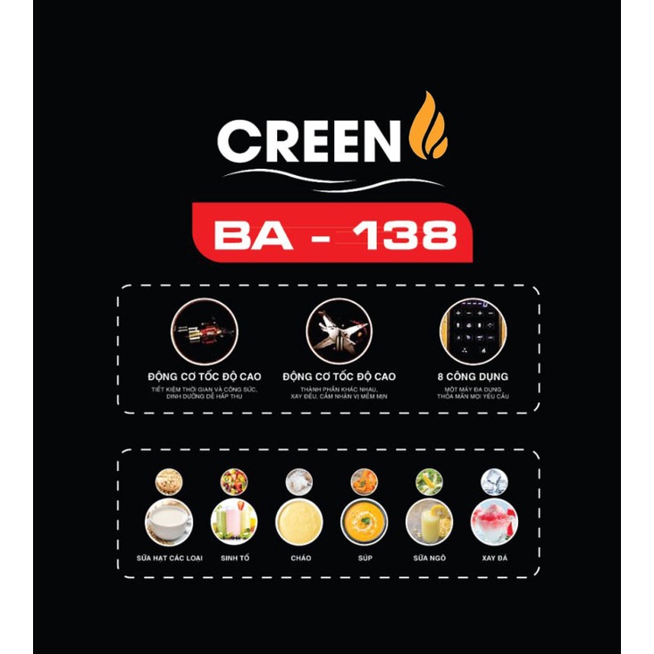 Máy làm sữa hạt Creen BA-138, máy xay nấu sữa hạt đa năng, thay thế 8 dụng cụ trong bếp. Bảo hành chính hãng 12 tháng