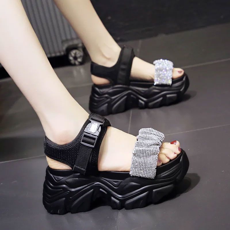 Giày Sandal Đế Dày Quai Dán Đính Đá Thời Trang Mùa Hè 2022 Cho Nữ