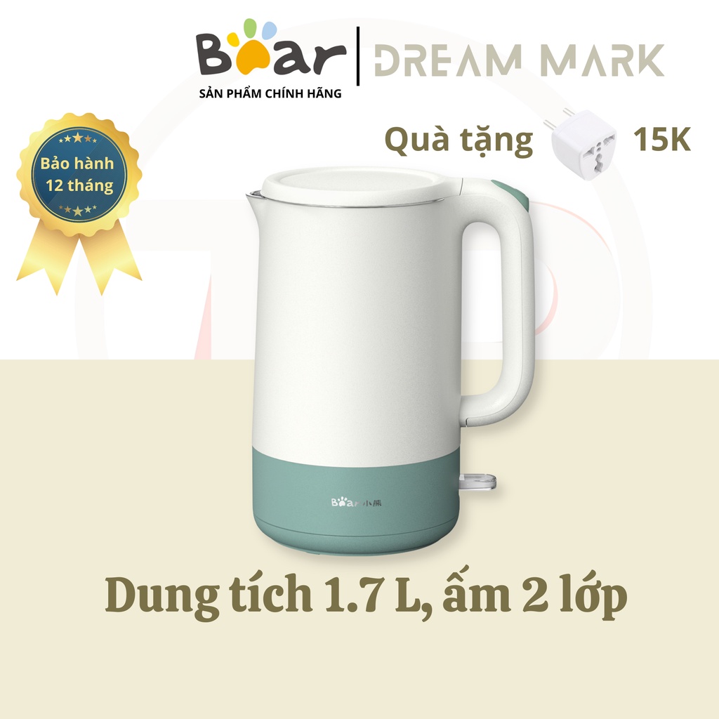 Ấm đun siêu tốc Bear ZDH-Q17B1, dụng tích 1.7 lít, 3 lớp, sử dụng inox 304 cao cấp