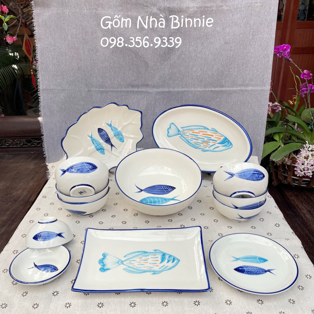 Bộ bát đĩa sứ Bát Tràng hoạ tiết cá Nhật Bản - Set 15 món dùng cho gia đình, quà cưới, tân gia