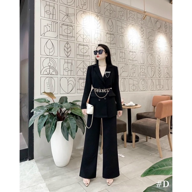 Set vest 4 nút quần ống rộng kèm bra
