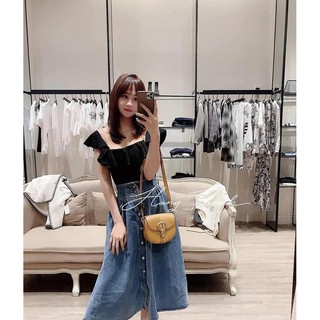 Chân váy bò jean xoè midi phối khuy giữa cạp cao siêu đẹp l1
