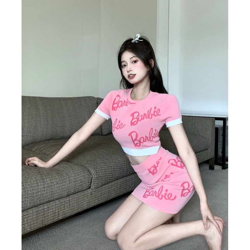 Set Áo Thun Ngắn Tay + Chân Váy Hồng Xinh Xắn Thời Trang Mùa Hè Dành Cho Nữ