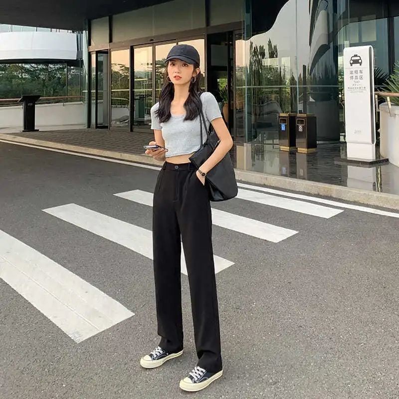 Quần ống rộng lưng cao màu đen phong cách Hàn Quốc thời trang xuân thu dành cho bạn nữ